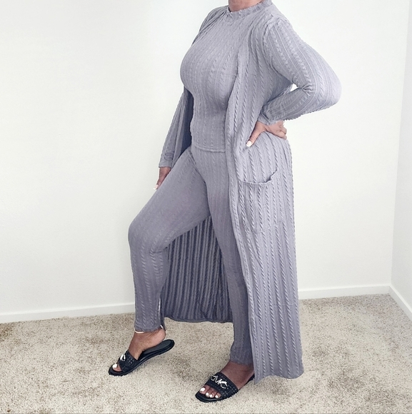 ellie & kate Pants - Ellie & Kate Women's Grey Knit Duster Round-Neck Cami, & Traveler's Knit Pants